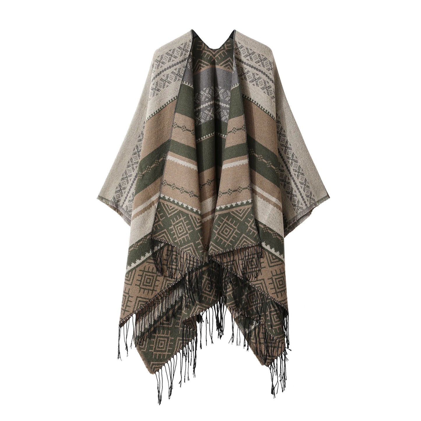 Poncho New Split Warm Shawl Vintage Ethnic Style Scarf Imitation Cashmere Tassel Women Cape Lady Cloak Warm Coat Khaki