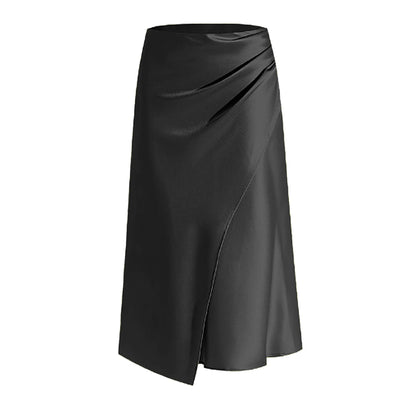 New In 2025 Women's Summer High Waist Satin Pleated Split Green Long Skirt Solid Color Zipper Office Lady Party Elegant Skirts