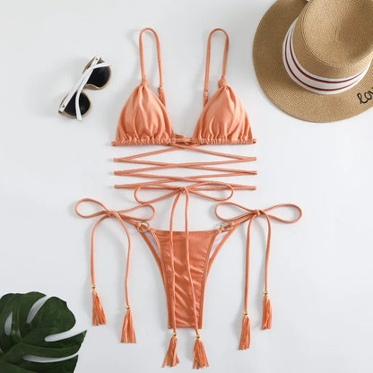 2024 Luxury Bikini Set Women Sexy Swimsuit High Cut Bandage Bikini Set Bathing Suit With Tassels Summer Brazilian Biquini