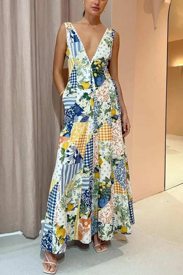 Printed Sexy Deep V-neck Dresses Women Sleeveless Fashion Chic Lady A-line Dress Beach Vacation Style Vestidos Spring Summer New