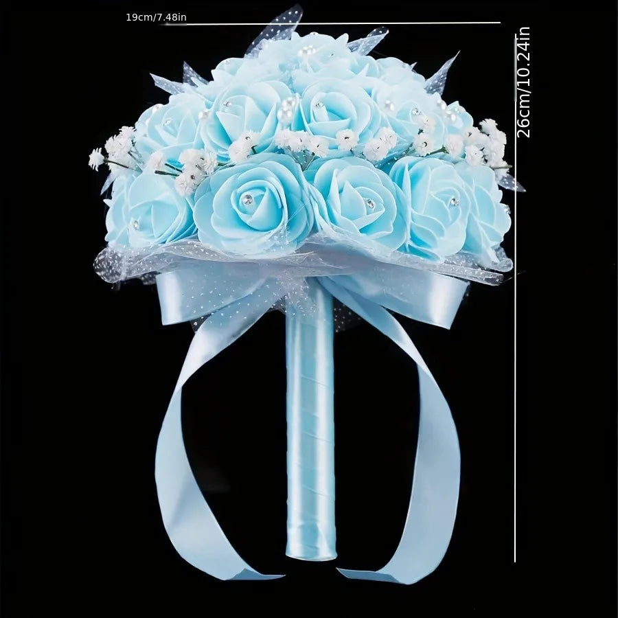 1pc Blue Artificial Rose Bouquet, Real Touch Hydrangea Bouquet, Wedding Engagement Birthday Bride Decoration Bouquet