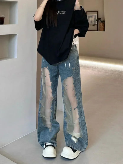 ADAgirl Spliced Hollow Out Casual Jeans for Women Y2k Streetwear Retro Baggy Kpop Boot Cut Denim Pants Harajuku Hip Hop Trousers