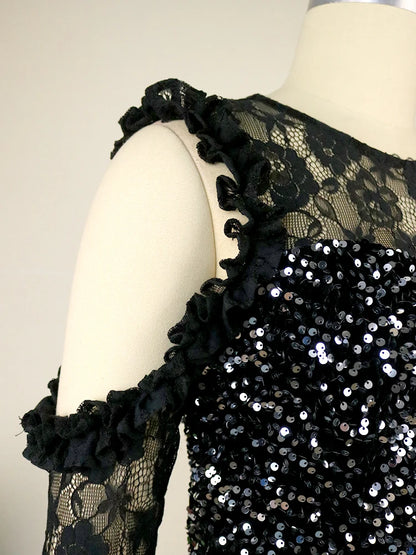 AOMEI Black Velvet Dress Women Sequin Glitter Vintage Cold Shoulder Lace Long Sleeve Shiny Prom Luxury Bling Evening Party Gowns