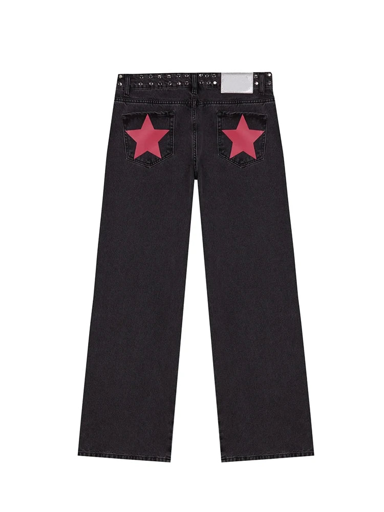 Y2K Vintage Jeans Women High Waisted Denim Pants Five Pointed Star Print Harajuku Street Baggy Casual Straight Leg Trousers