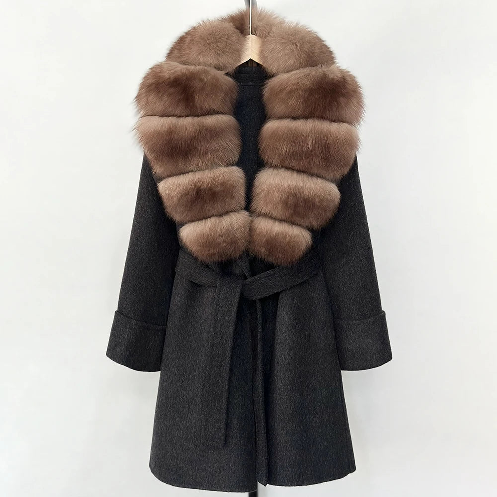 GENHUA 2025 New Winter Cashmere Wool Blends Women Natural Fox Fur Collar Cuffs Slim Fit Suit Double Sided Woolen Trench Coat