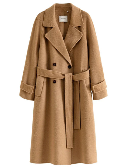 DUSHU 100% Wool Temperament Camel Color Women Long Double Breasted Woolen Coat Raglan Sleeve Belt Design Female Wool Jackets