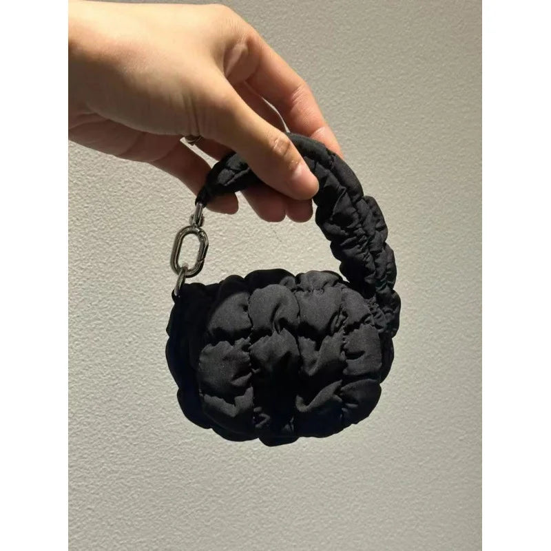 Women Pleated Top Handle Bag Mini Cloud Bag Solid Color Cotton Ruched Dumpling Bag Flap Bag for Shopping Date