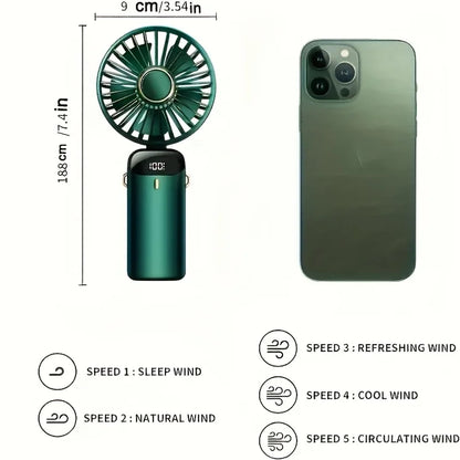 Portable Mini Fan With 6 Speeds LED USB Rechargeable Charging Small Foldable Battery Fans Handheld Desk Bedroom Indoor Outdoor