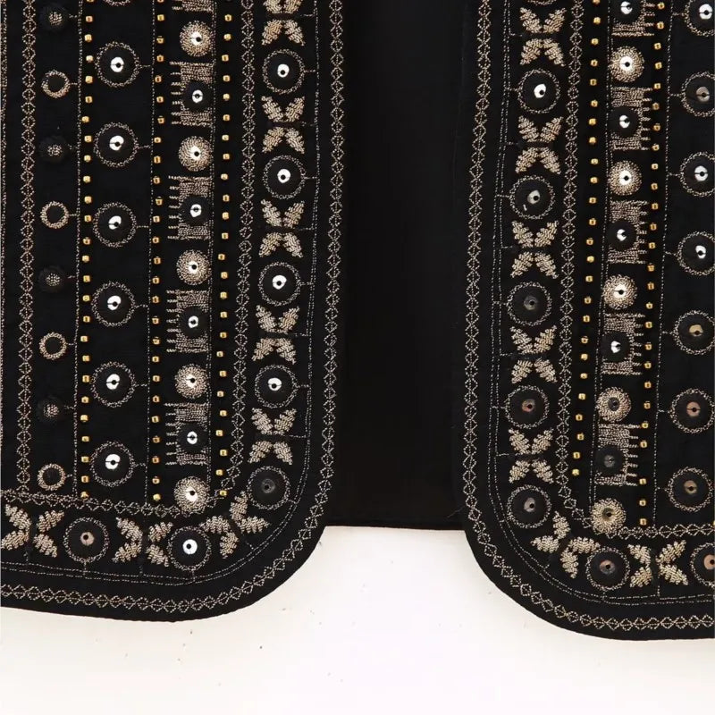 Ethnic Black Embroidery Bling Gold Line Flower WaistCoat Women BOHO Open Sleeveless Vest Jacket Outfits Vacation Loose Tops