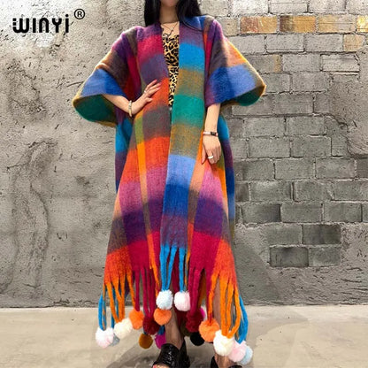 WINYI Winter Plaid color cloak High Quality poncho Long Loose OverCoat Thick Warm Female coat for women Hanging ball cardigan