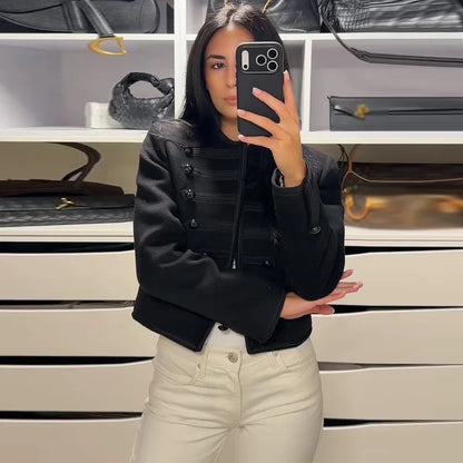 Fashion Chic Napoleon Cropped Jacket Women O-neck Long Sleeve Black Short Coats 2026 Spring Elegant Lady Commute Outerwear
