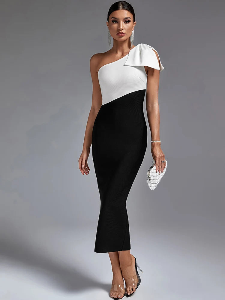 Long Bandage Dress Women One Shoulder Party Dress Maxi Bodycon Elegant Color Block Sexy Birthday Evening Club Outfit Summer 2023