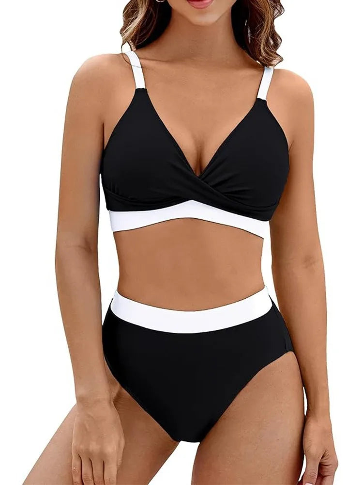 New Sexy High Waist Bikini 2025 Cross Backless Women Swimsuit Solid Tight Beachwear Bikini Set Seaside Sling Pool Swimwear