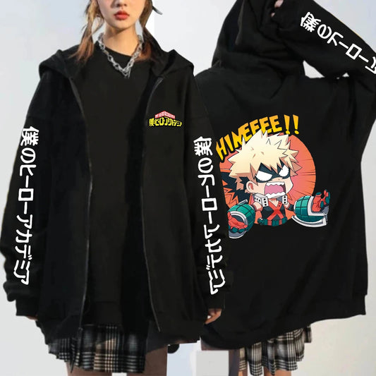 Japan Anime My Hero Academia Unisex Black Long Sleeve Zipper Hoodies Funny Katsuki Bakugou Cartoon Casual Men Winter Coats