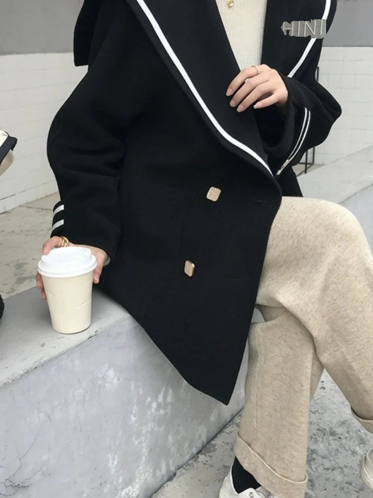 Japanese Sle Small Size Woolen Coat Women Winter Faion Anti-Aging Navy Collar Fake Camere Loose Knitwear Top