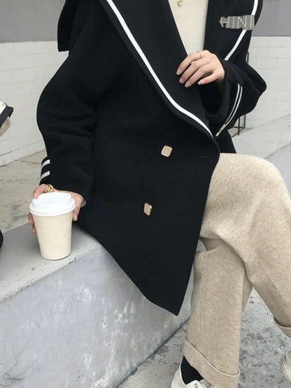 Japanese Sle Small Size Woolen Coat Women Winter Faion Anti-Aging Navy Collar Fake Camere Loose Knitwear Top