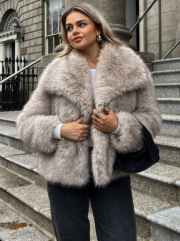 HH 2025 Winter Coats For Women Fashion New Faux Fur Long Sleeves Loose Coat Female Versatile High Street Women's Cardigan