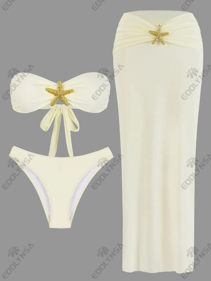 3 Piece Swimsuit Sets Female Bandeau Bikini Sets Starfish Bathing Suit Women Pleated Beach Party Dress Sexy Honeymoon Dress K162