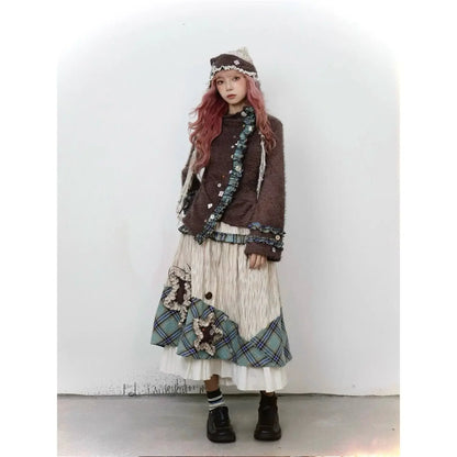 Autumn/Winter Retro Plaid Long Skirt Wandering Style High Waist Slimming Spliced A-line Loose Casual Vintage Skirt for Women