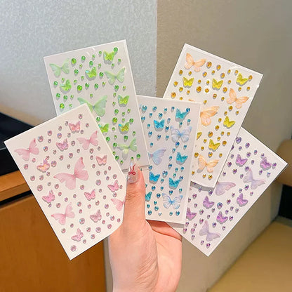 1/3/5 Sheets Kawaii Children's Butterfly Face Stickers Self-adhesive Pink/Green Elf Rhinestone Resin Butterfly Decals For Makeup