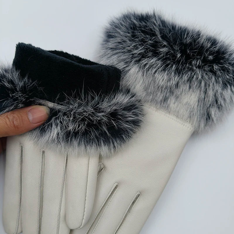 2025 Women Winter Warm Genuine Sheep Leather Glove With Real Fur Trimming Female Warm Real Leather Fur High Quality Mittens