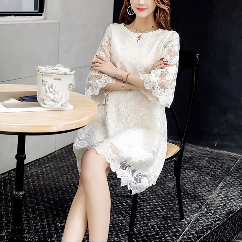 Women's Clothing Elegant Lace Patchwork Midi Dress O-Neck Spring Summer 3/4 Sleeve Commute A-Line Fashion Hollow Out Dresses New