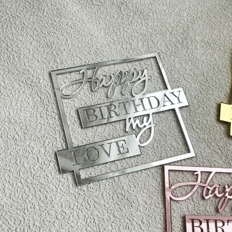 Acrylic Side Happy Birthday Cake Decorations Happy Anniversary Cake Topper Event Party Supplies Baking Decorating Accessories