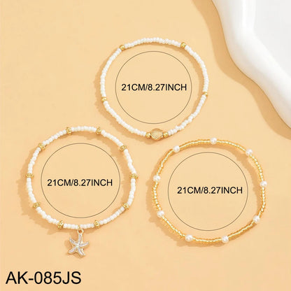 3PCS Set Beach Anklet for Women Bohemian Starfish Shell Glass Beaded Gold Silver Adjustable Summer Vacation Jewelry