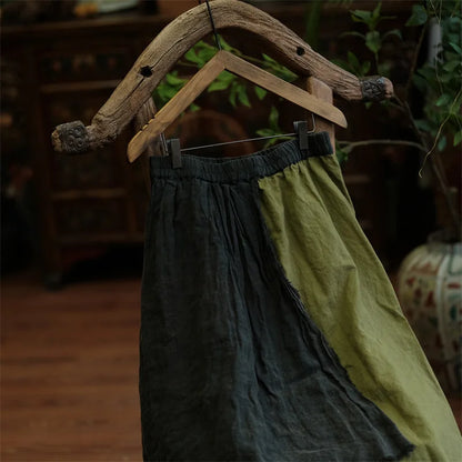 Johnature Women Vintage Patchwork Linen A-Line Skirts Elastic Waist Green 2025 Autumn Chinese Style Women High Quality Skirts