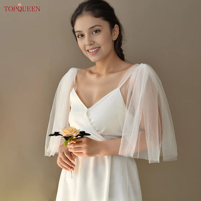 TOPQUEEN VG40 DIY Mini Shoulder Veil Wedding Veil Short Bride Jackets Bolero with Sleeves Bridesmaid Dress Decoration Evening