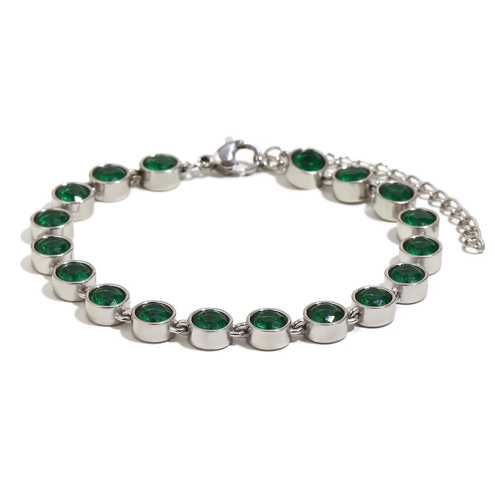 E.B.belle Stainless Steel Shiny Round Green/Clear Zircon Bracelet Chain 18K Gold Plated Women’s Hand Jewelry