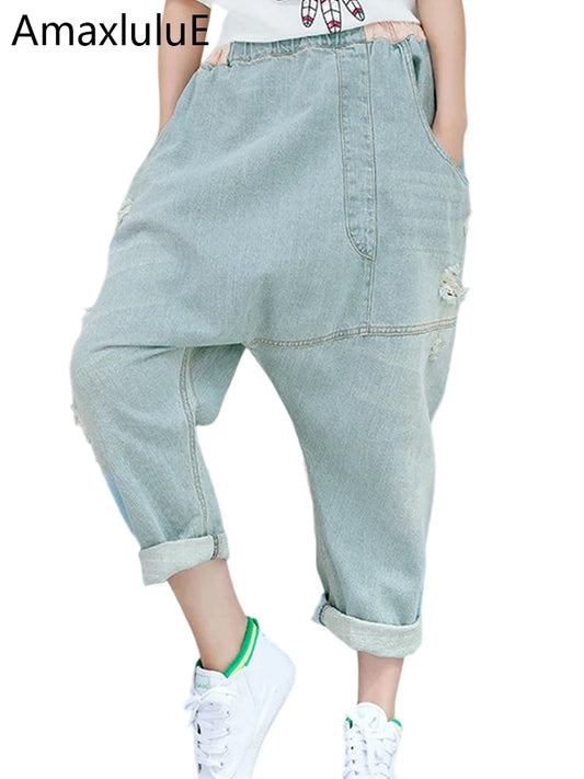 Amax LuluE Brand 2025 Ladies Autumn Fashion Big Size Denim Cross Pants Womens Classic Loose Trousers Vintage Casual Ripped Jeans
