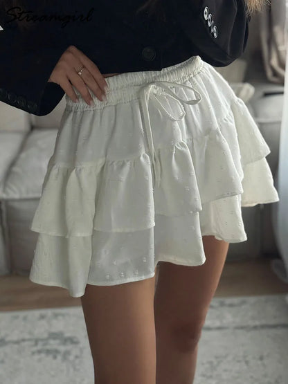Streamgirl Women Mini Skirts With Shorts Under Summer Clothes Tie Up A Line Short White Pleated Ruffled Layered Skirt For Women