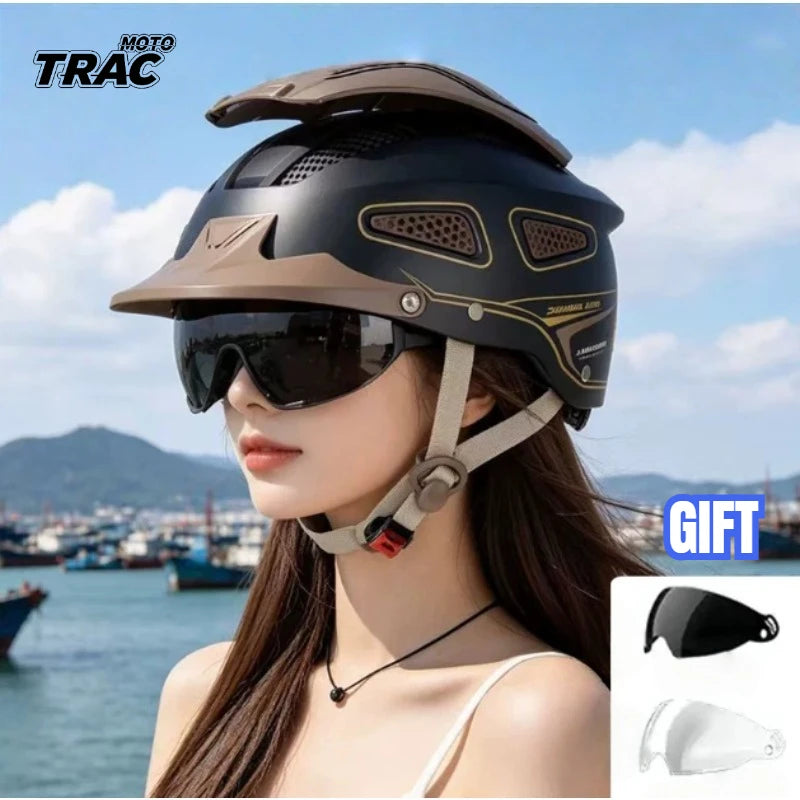 Hot Motorcycle Helmet Summer Breathable Open Face Helmet for Men Women Dual Lens Scooter Half Helmet with Taillights
