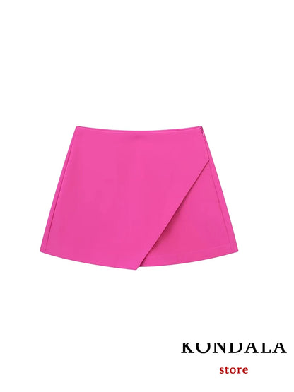 KONDALA Women Fashion 2025 Casual Mini Asymmetrical Skirts Shorts High Waist Back Pockets Wide Leg Skirts Zipper Female Shorts