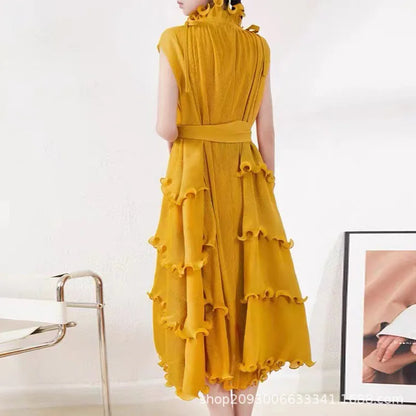 Miyake Pleated Plus Size Dress 2023 Summer New Solid Color Wind Close Edge Lace-up Pleated All-matching Sleeveless Dress