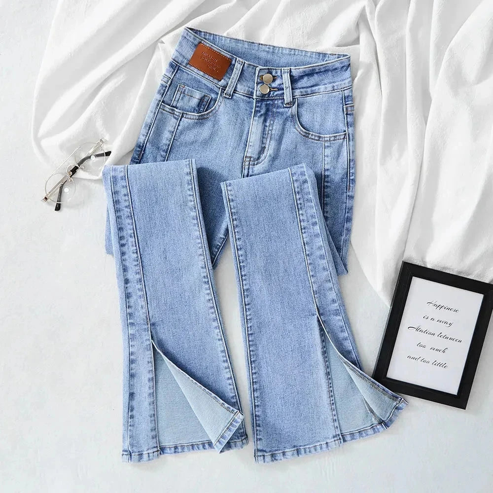High-waist Stretch Split Flare Jeans Women Street Clothes Spring Summer 2025 New Slim Women Vintage Denim Trousers Casual Jeans