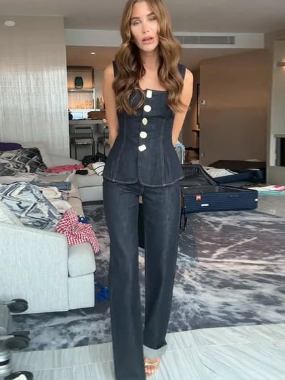 Street Denim Pants Set Women Sleeveless Single Breasted Slim Square Collar Tank High Waist Straight Jeans 2025 Summer Lady Suit