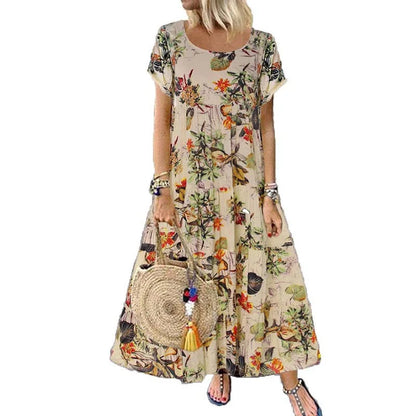 Casual Short Sleeved O-neck Floral Print Dress Summer Countryside Style Loose Long Dresses Plus Size Women's Clothing 9911