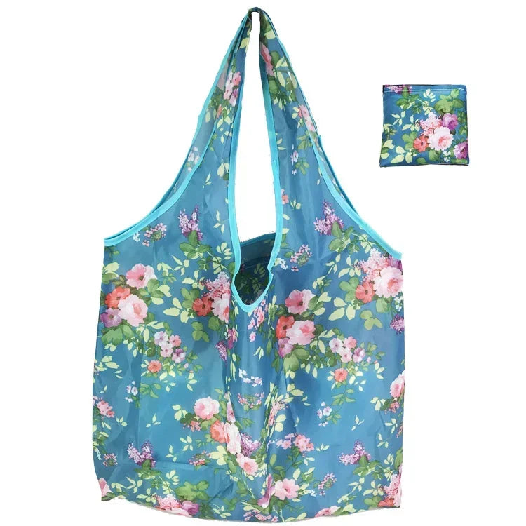 Reusable Shopping Bag Women Cute Fish Cart Flower Print  Nylon Foldable Grocery Bag Creative Eco-Friendly Tote Bag Lightweight