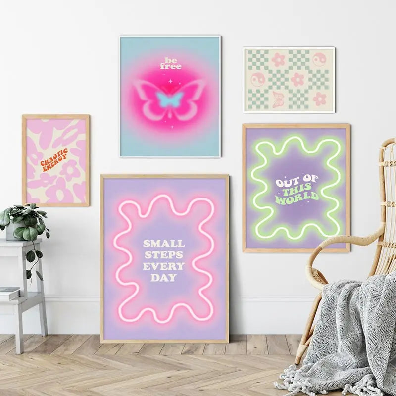 Colorful Danish Pastel Canvas Painting Aesthetic Poster Cherry Plaid Smiley Flower Butterfly Print Wall Art Nursery Home Decor