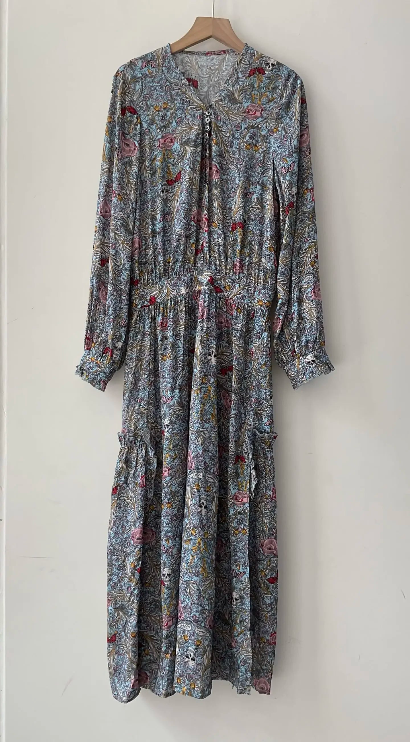 100% Viscose Long Dress Women Slit Floral Skull Wings Printed Elastic High Waist V-neck Lady Long Sleeve Dress 2025 Spring