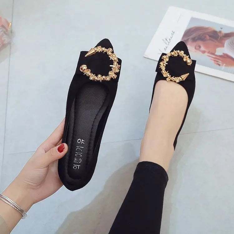 Women's Flats Pointed Toe Loafers Fashion Low Heel Casual Shoes Comfortable Shallow Shoes Slip On Metal Decorative Women Shoes