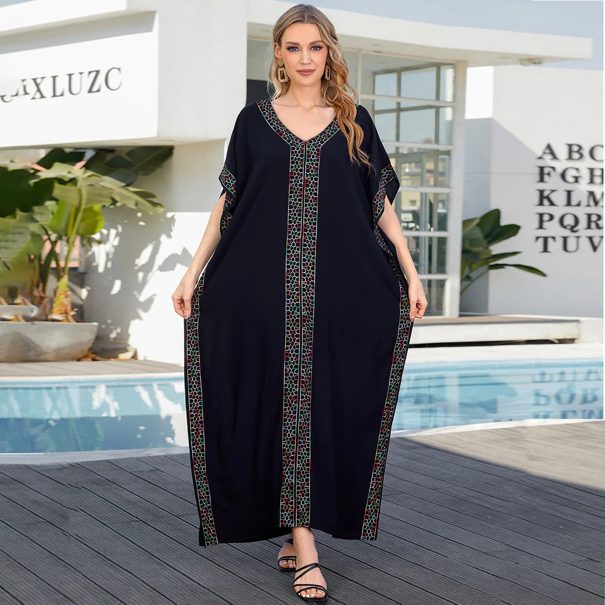 Embroidery Beach Kaftan Dress for Women Short Sleeve Bikini Swimsuit Cover Up