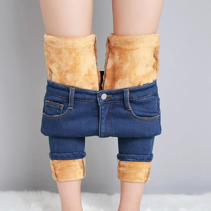 Pure Color Fleece Lined Thickened Slim Fit High Waist Jeans Women's Fashion plus Size Long Pants Tight Bodycon Style