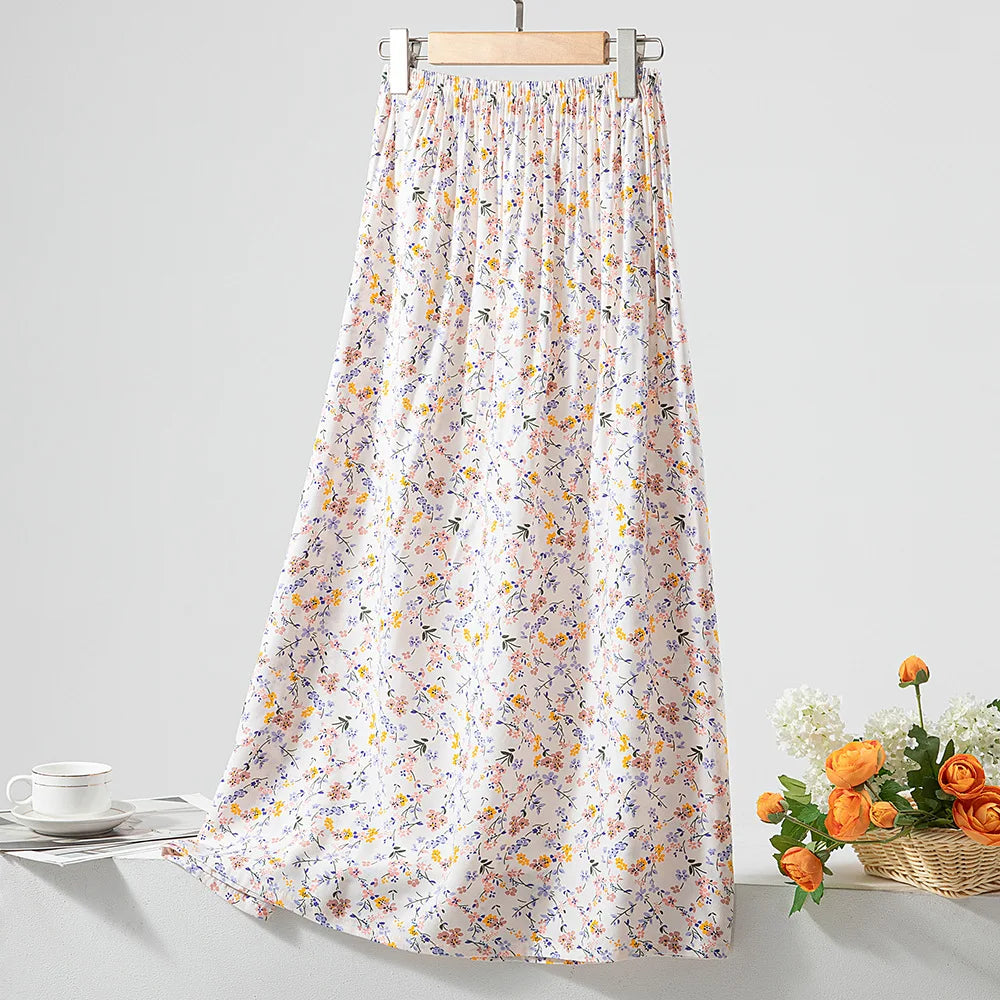 New 2024 Elegant Women Tulle Skirt Korean Fashion Boho Floral A Line Ladies Pleated Skirt Summer Chic High Waist Party Vestidos