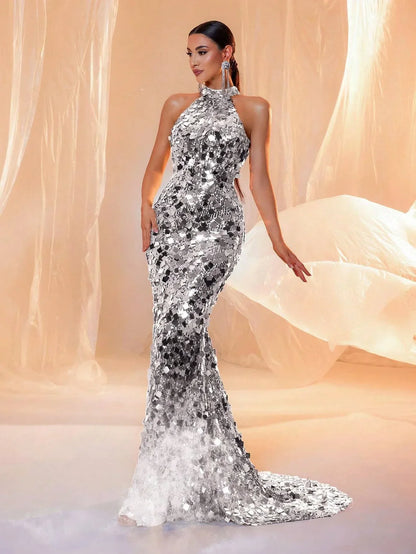 LOVE&LEMONADE Backless Sequins Halter Neck Evening Elegant Formal Prom Gown Wedding Guest Dinner Maxi Dress for Women LM86444