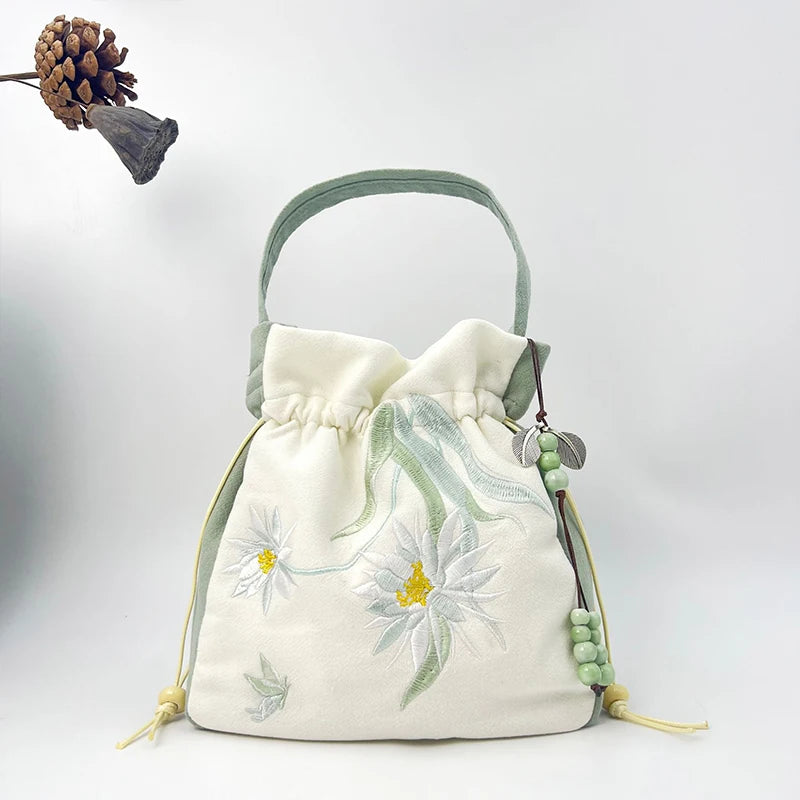 Chinese Style Retro Flower Embroidery Crossbody Top-handle Bags Women Shoulder Lace Drawstring Bucket Bag Coin Purses Handbags