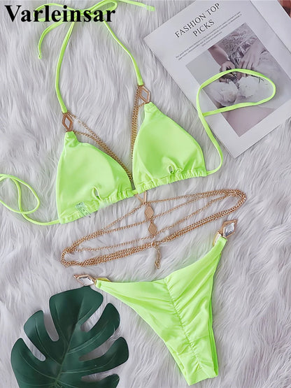 Diamond Rhinestones Halter Metal Ring Bikini Female Swimsuit Women Swimwear Two-pieces Bikini set Bather Bathing Suit Swim V5898