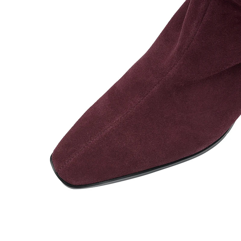 2025 New Trend Cow Suede Women Autumn Winter Slip-On Boots Chocolate Burgundy High Chunky Heels Square Toe Lady Knee High Boots